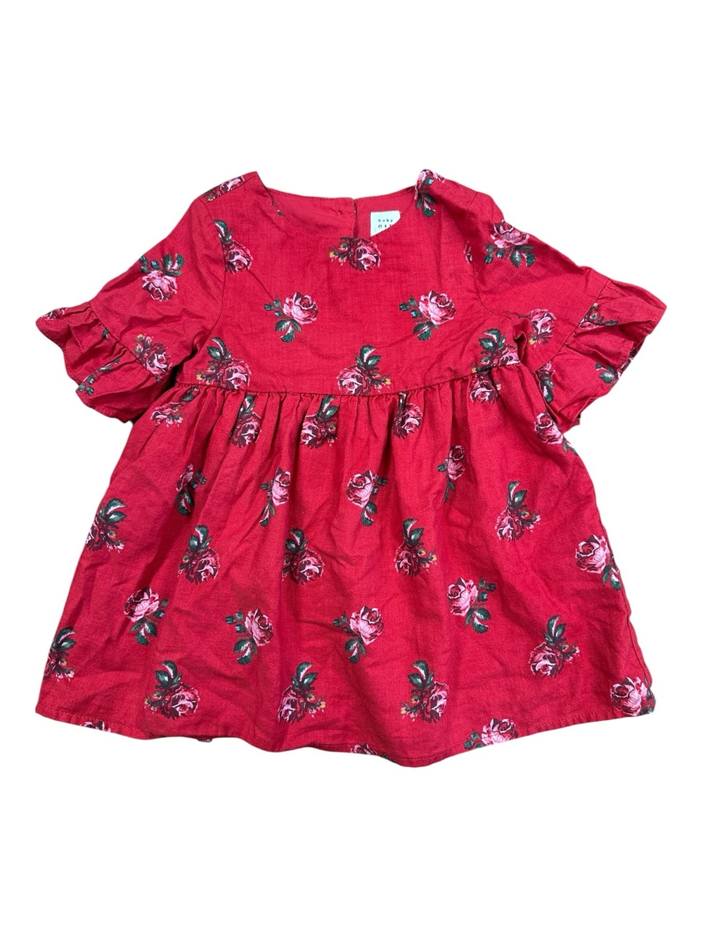 Baby Gap 100% cotton red floral rose print dress with ruffle sleeves